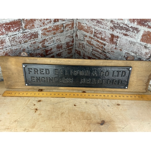 90A - Vintage Cast Iron Sign Mounted On Oak. Fred Ellison & Co. Ltd. Engineers Bradford