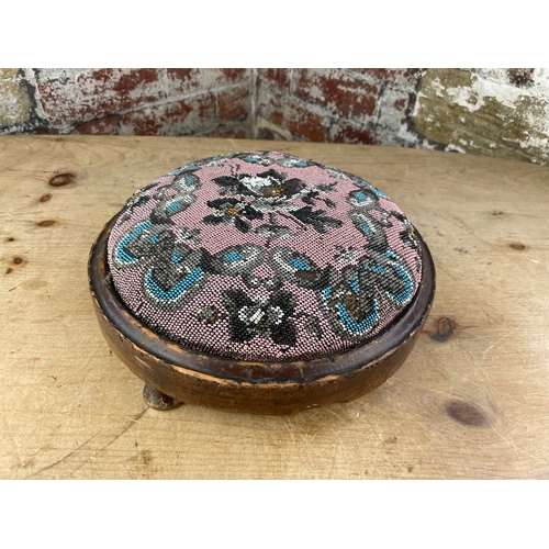 501 - Antique Button Footstool With Ornate Original Beadwork