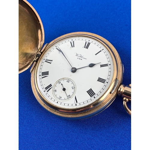 65 - 10k Gold Plated Waltham Traveler Pocket Watch Model 1908. Moon Denison Double Hunter Case. Movement ... 