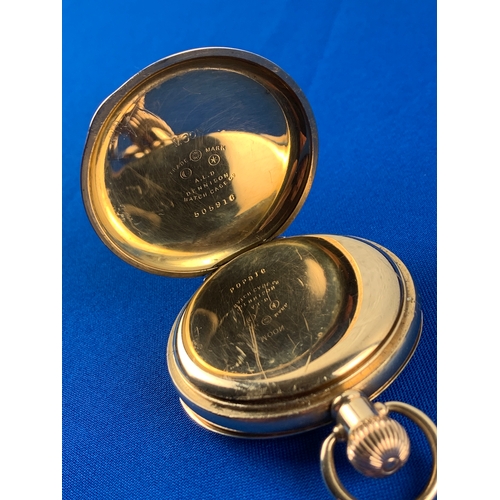 65 - 10k Gold Plated Waltham Traveler Pocket Watch Model 1908. Moon Denison Double Hunter Case. Movement ... 