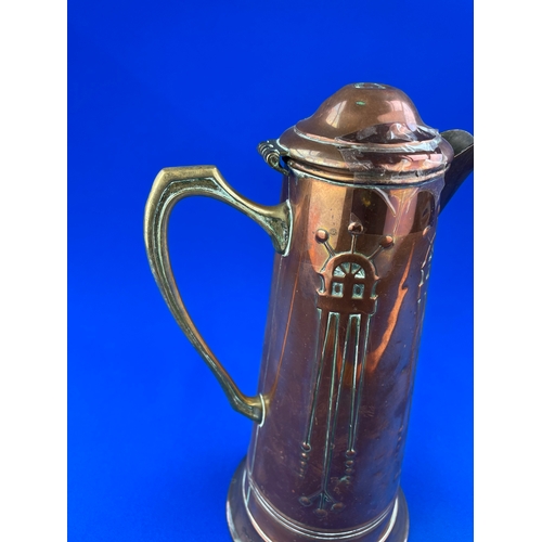 171 - Lidded Arts & Crafts Copper Hot Water Jug With Art Nouveau Detail. Lid A/F