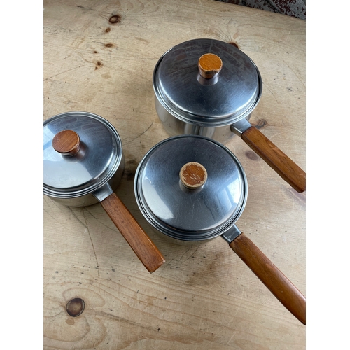 162 - Set Of 3 Vintage Stainless Steel Prestige Saucepans With Lids & Copper Bottoms