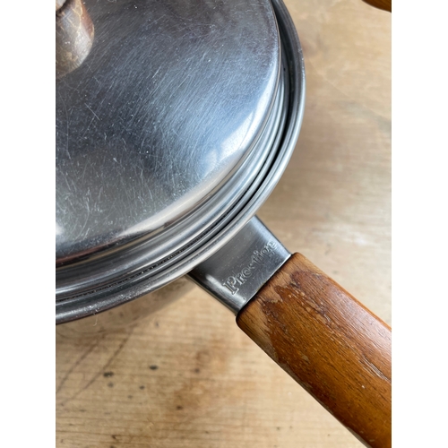 162 - Set Of 3 Vintage Stainless Steel Prestige Saucepans With Lids & Copper Bottoms