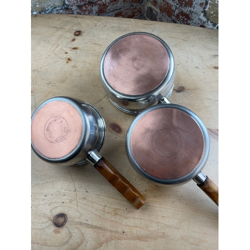 162 - Set Of 3 Vintage Stainless Steel Prestige Saucepans With Lids & Copper Bottoms