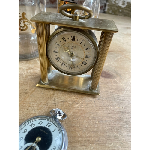 166 - Group Of Collectables Inc. Ingasol Pocket Watch, Estima Clock, Vintage Horse Tot Glasses.