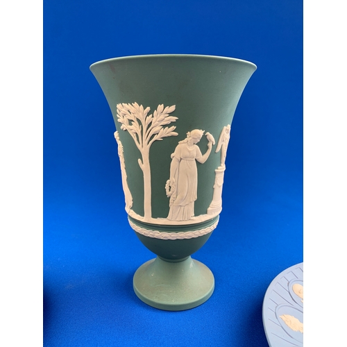 299 - Wedgwood Jasperware inc. Teal Green Footed Vase and Terracotta Plate