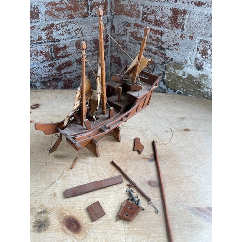 154 - Vintage Wooden Model Boat For Restoration