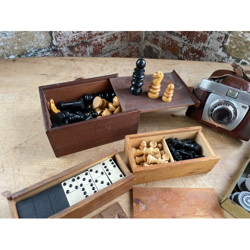 155 - Mixed Interest Collectables Inc Vintage Wooden Chess Pieces, Vintage Fishing Tackle & Camera