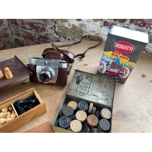 155 - Mixed Interest Collectables Inc Vintage Wooden Chess Pieces, Vintage Fishing Tackle & Camera