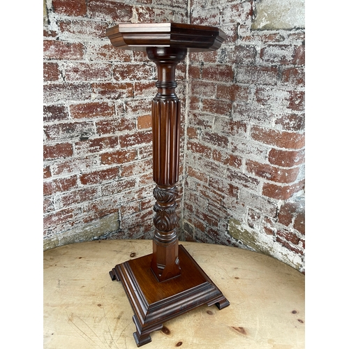 524 - Vintage Solid Wood Torchere With Octagonal Top, Carved Column & Stepped, Footed Base.