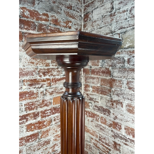 524 - Vintage Solid Wood Torchere With Octagonal Top, Carved Column & Stepped, Footed Base.