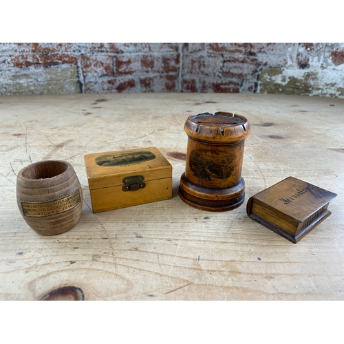 119 - Antique Castle or Rook Shaped Wooden Money Box Alongside Other Wooden Items