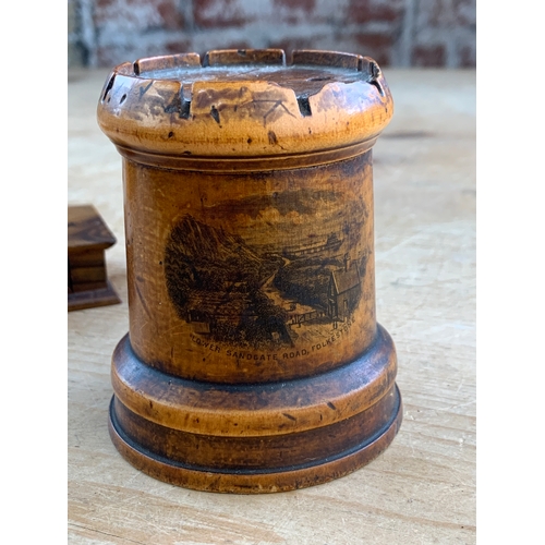 119 - Antique Castle or Rook Shaped Wooden Money Box Alongside Other Wooden Items