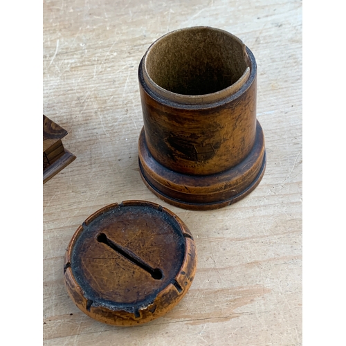 119 - Antique Castle or Rook Shaped Wooden Money Box Alongside Other Wooden Items