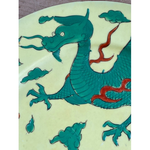 286 - Chinese Dragon Plate, Green & Red Enamel On Yellow. Single Character Mark.