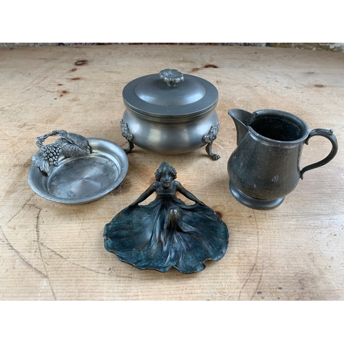 104 - Bronze Figure with Three Pewter Items inc. Hand Hammered Lloyd Payne Tankard, Focke & Meltzer Lidded... 