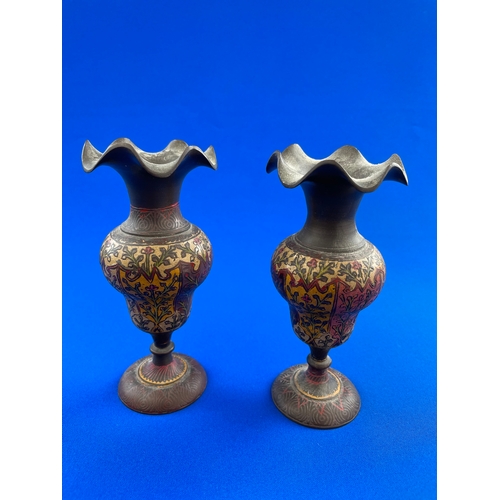 106 - Two Small Indian Brass Or Bronze Urns With Applied Enamel, Signed & Numbered To Base.