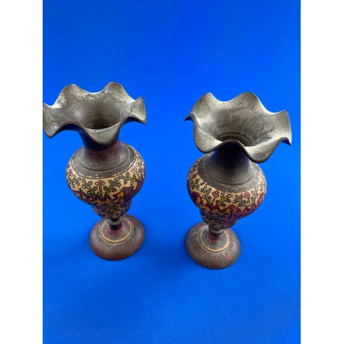 106 - Two Small Indian Brass Or Bronze Urns With Applied Enamel, Signed & Numbered To Base.