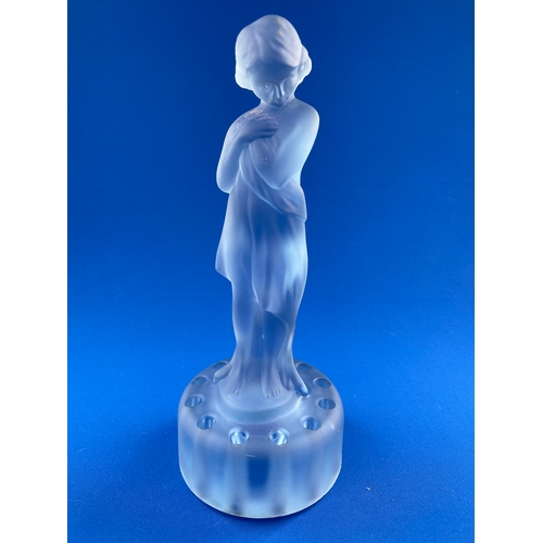 53 - Large Art Deco Frosted Blue Glass Flower Frog Standing Over 12