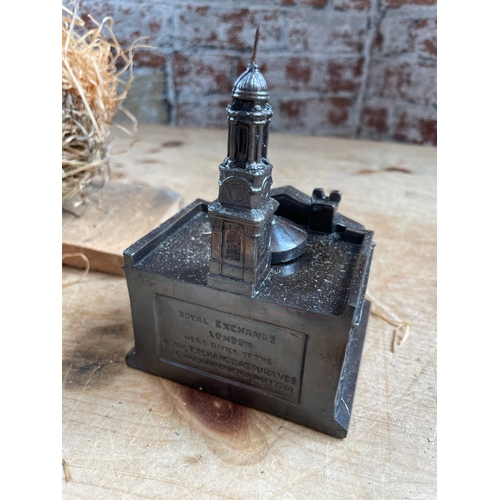 96 - Vintage Royal Exchange Assurance Inkwell Desk Stand. Letter Spike & Pen Holder