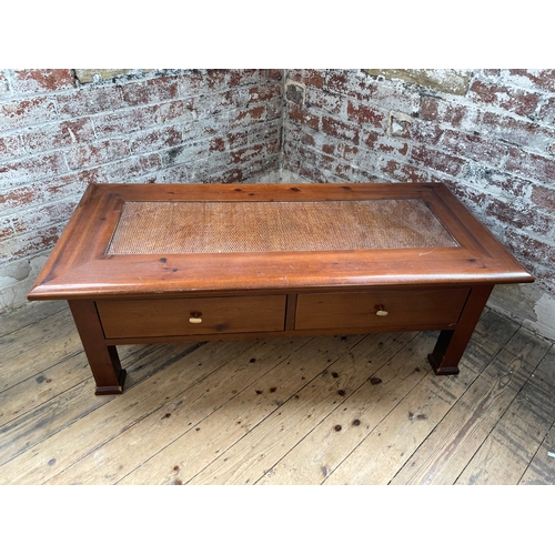 515 - Two Drawer Pine Coffee Table With Rattan Insert Top