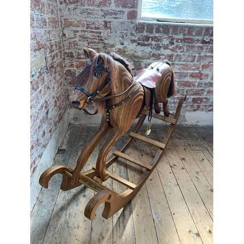 327 - Vintage Solid Wood Rocking Horse Featuring Leather Tack/Saddle and Horse Hair Mane and Tail - 145cm ... 