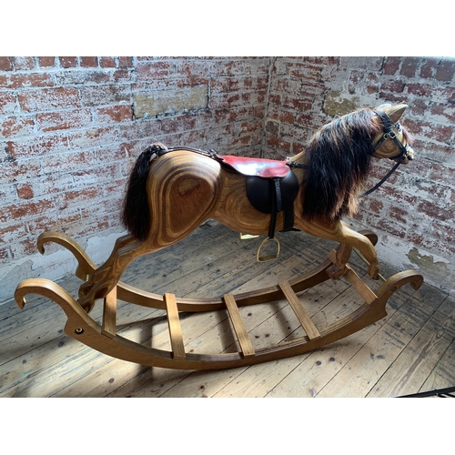 327 - Vintage Solid Wood Rocking Horse Featuring Leather Tack/Saddle and Horse Hair Mane and Tail - 145cm ... 