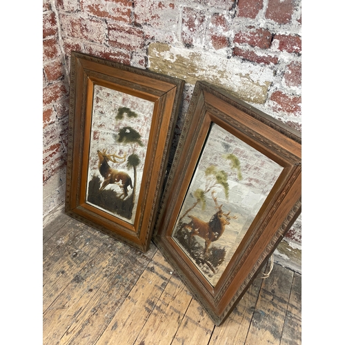 510 - Two Old Bevelled Edge Mirrors Hand Painted With Stags