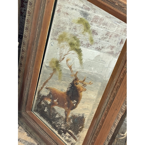 510 - Two Old Bevelled Edge Mirrors Hand Painted With Stags