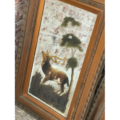 510 - Two Old Bevelled Edge Mirrors Hand Painted With Stags