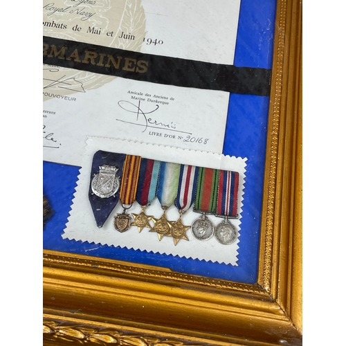 92 - Militaria Interest. WW2 La Ville De Dunkerque Mounted Certificate, Badges And Medals, H.M. Submarine... 