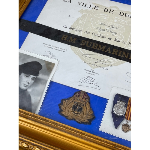 92 - Militaria Interest. WW2 La Ville De Dunkerque Mounted Certificate, Badges And Medals, H.M. Submarine... 