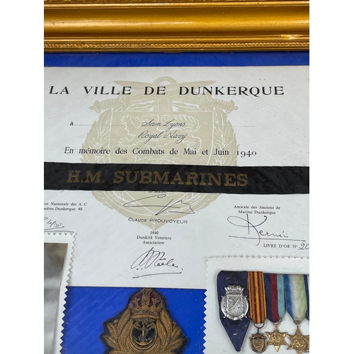 92 - Militaria Interest. WW2 La Ville De Dunkerque Mounted Certificate, Badges And Medals, H.M. Submarine... 