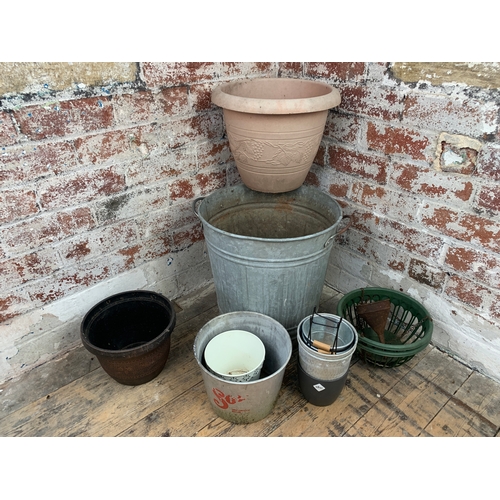 463 - Collection of Various Plant Pots inc. Galvanized and Large 'Dustbin' type Plant Pot