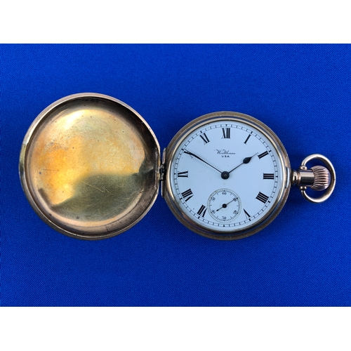 61 - 10k Gold Plated Waltham Traveler Pocket Watch Model 1908. Moon Denison Double Hunter Case. Movement ... 