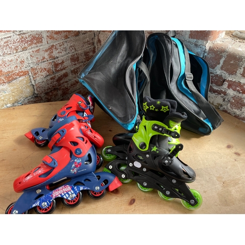 421 - Two Pairs Of Adjustable Inline Roller Skates With Carry Bags