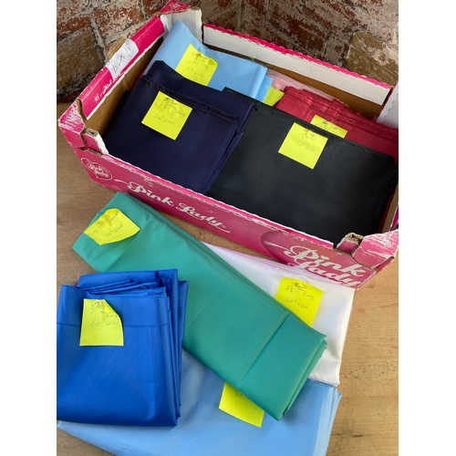 467 - Assorted Lining Material. Lots Of Colours. Most Are Good Lengths, All Have Sizes Pinned On.