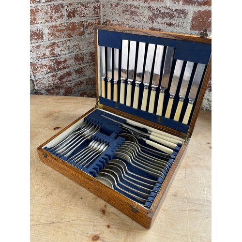 460 - Complete Vintage Oak Canteen Of WH&Co. Plated Cutlery