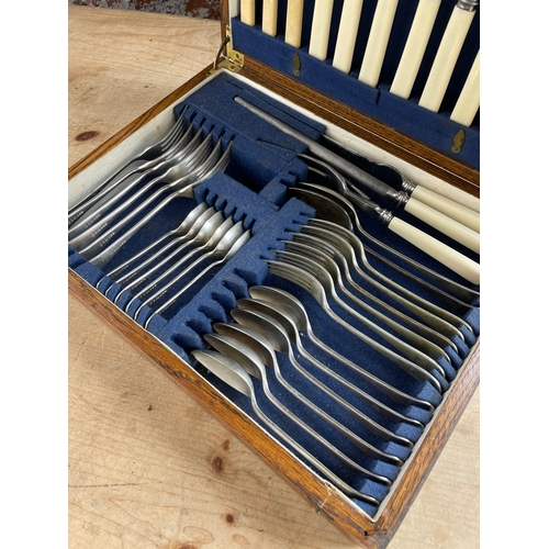 460 - Complete Vintage Oak Canteen Of WH&Co. Plated Cutlery