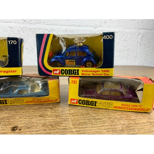 30 - Five Vintage Boxed Corgi Cars inc. Whizzwheels - Various levels of Playworn