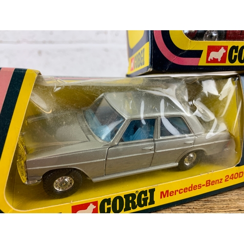 3 - Three Vintage Boxed Corgi Die-cast cars - Jaguar XJ12C, Mercedes-Benz 2400 and Touring Caravan