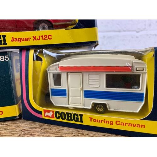 3 - Three Vintage Boxed Corgi Die-cast cars - Jaguar XJ12C, Mercedes-Benz 2400 and Touring Caravan