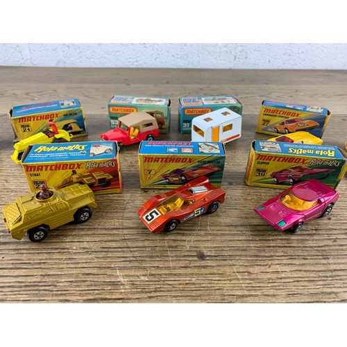 21 - Eight Boxed Matchbox Superfast, and Rola-Matics Cars, Caravans, Rod Roller and Helicopter