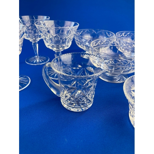 351 - Quality Cut Glass Items Inc. 4 Sherry Glasses, Sugar Bowl & Cream, 5 Trifle Dishes