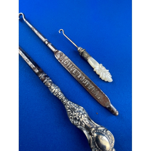 130 - Group Of Boot & Button Hooks. Hallmarked Silver Birmingham 1905, Advertising Bective Footwear Ilkley... 