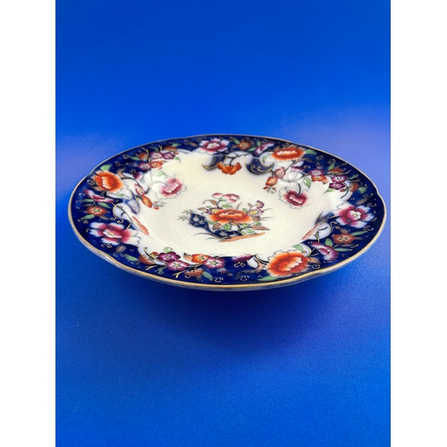 242 - Antique Flow Blue Plate With Rust & Fuchsia Flowers, Smyrna Pattern Bowl.