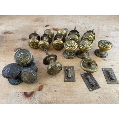 145 - Group Of Victorian Brass Door Handles & Escutcheon Covers