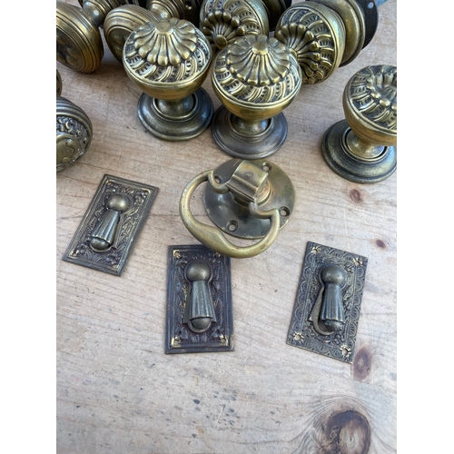 145 - Group Of Victorian Brass Door Handles & Escutcheon Covers