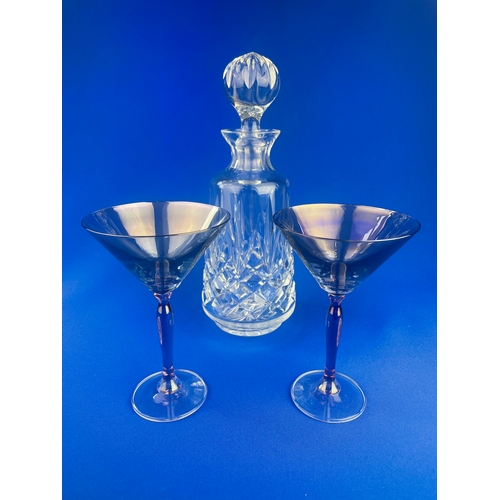 348 - Two Iridescent Blue Martini Glasses With Pink Stems & Cut Crystal Decanter