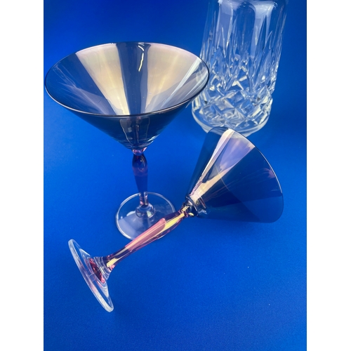 348 - Two Iridescent Blue Martini Glasses With Pink Stems & Cut Crystal Decanter